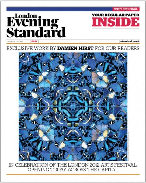 La copertina di Damien Hirst per il London Evening Standard A Londra è caccia aperta all’Evening Standard dedicato al London 2012 Festival. Ha una cover d’artista, fatta con ali di farfalla, chi sarà l’autore?