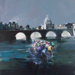 Antonio Tamburro, Ciclismo sul Tevere, acrilico su tela -  cm 140 x 140