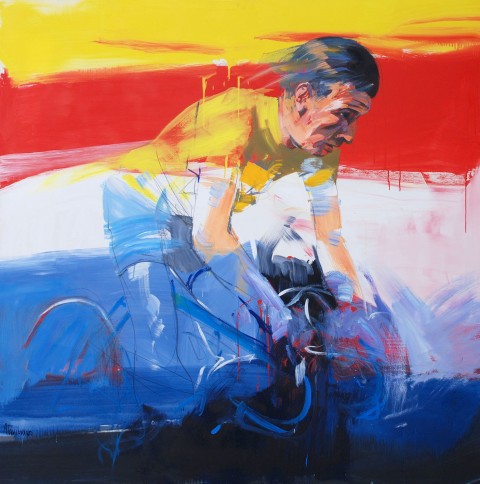 Antonio Tamburro Ciclismo Gimondi 140x140 cm Contraddizioni olimpiche a Casa Italia. Nella base azzurra di Londra il cibo è top (Bottura ai fornelli), ma l'arte fa flop (Tamburro alle pareti). Qual è il senso?