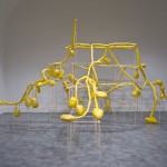 Eva Marisaldi, Post it, 2010, legno, tessuto di sacchi per macerie, imbottitura, cm 545x252x405, installation view, Galleria Nicoletta Rusconi