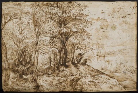 Pieter Bruegel il Vecchio Paesaggio boschivo con vista su un fiume circa 1554 disegno a penna e inchiostro collezione privata Un Bruegel seriale