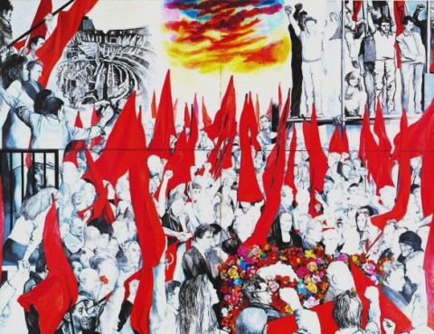Renato Guttuso, I funerali di Togliatti, 1972, acrilici e collage di carte stampate su carta incollata su quattro pannelli di compensato, 340 x 440