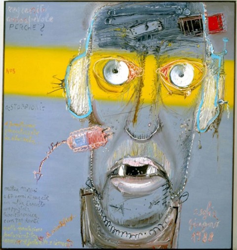 Mattia Moreni, Autoritratto n.5 - Mattia Moreni a 67 anni di sua età, con cuffia da ascolto con pustola bioelettronica e con tre denti, 1988, Galleria d'Arte Contemporanea Vero Stoppioni, Santa Sofia
