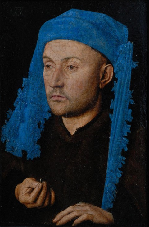 Jan van Eyck, Ritratto d'uomo con copricapo azzurro, 1429 circa olio su tavola, cm 19,1 x 13,2 Sibiu, Muzeul National Brukenthal