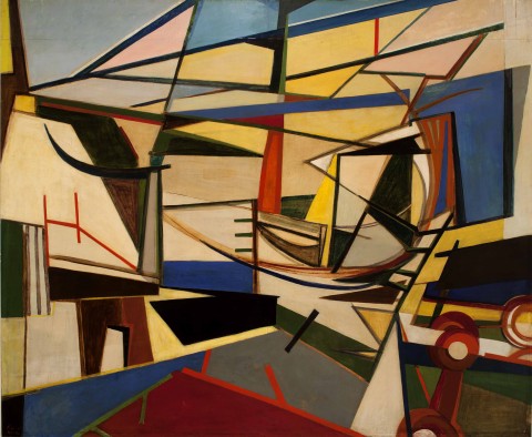 Armando Pizzinato, Cantiere Marittimo, 1949/50, olio su compensato, Collezione privata