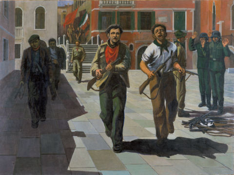 Armando Pizzinato, Liberazione di Venezia, 1952, olio su tela, Collezione CGIL Direzione Nazionale, Roma