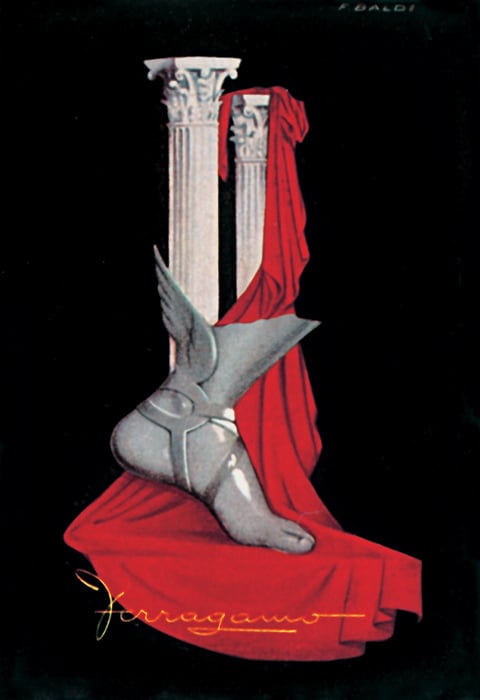 L’Etrusco (Fernando Baldi), Manifesto pubblicitario per Salvatore Ferragamo - documentato in Modern Publicity 1950-1951, Frank A. Mercer & Charles Rosner, London & New York, 1951