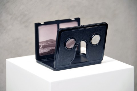 Sergio Zavattieri, Eye of the Islanders, 2012 - Folding black metal stereoscope circa 1930′s with archival inkjet prints, laquered mdf pedestal - 137 x 21 x 21 cm