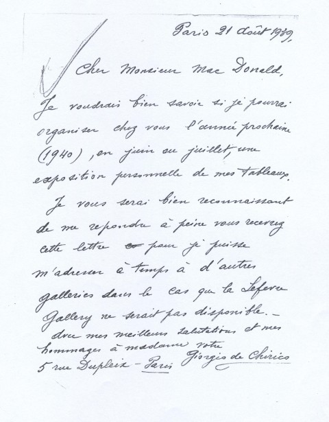 Lettera di Giorgio de Chirico, 21 agosto 1939
