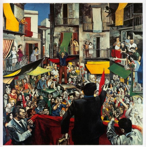 Renato Guttuso, Comizio di quartiere, 1975, acrilico e collage su carta intelata, cm 210 x 200 - courtesy Galleria d’Arte Maggiore, Bologna