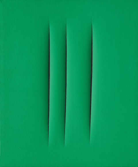 Lucio Fontana, Concetto spaziale, Attese, 1961, idropittura su tela verde, cm 65x50 - courtesy Mazzoleni Galleria d’Arte, Torino