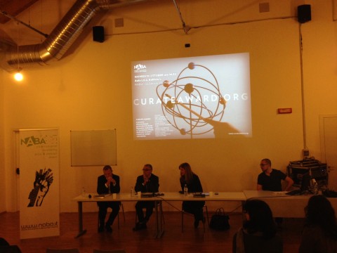 Marc Ledermann, Marco Scotini e Astrid Welter alla presentazione di Curate Award - NABA, Milano