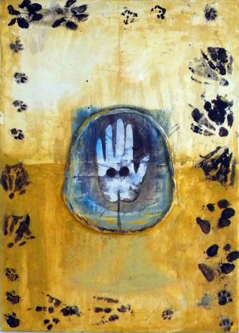 Bruno Ceccobelli,  Orme extra normali, 2003, tecnica mista su tela, cm 50×70