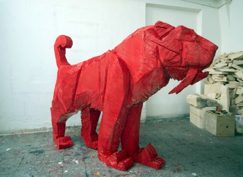 Luigi Puxeddu, Lo Smilodonte, 2013, legno assemblato e dipinto, cm 180x135x50 - photo Giorgio Benni