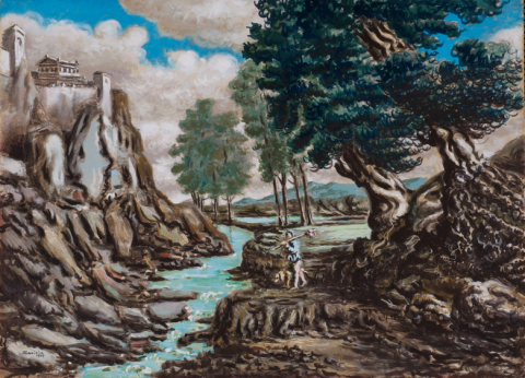 Alberto Savinio, Paesaggio romano, 1949, tempera su masonite, cm 58x78