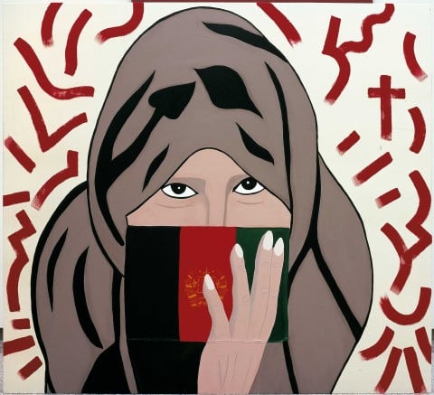 Ronnie Cutrone, Cell Girl “Afghanistan”, 2006, acrilico e bandiera su tela, cm 220x240