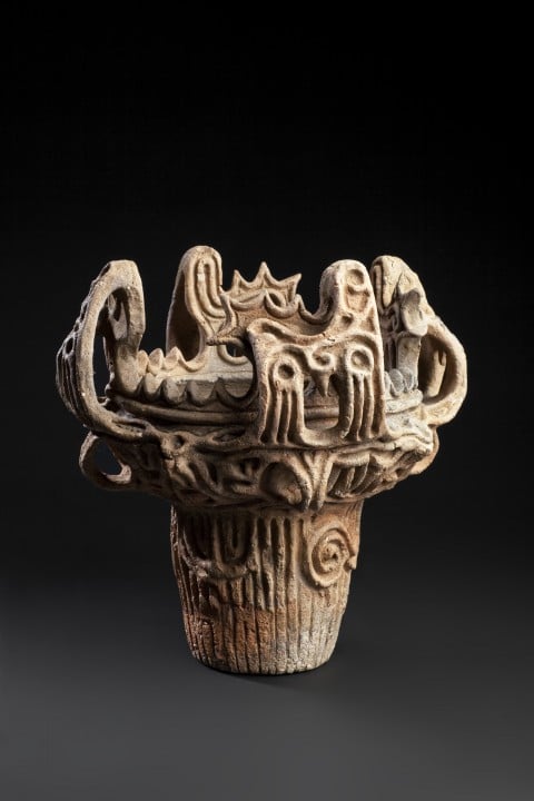 Kaen-doki flame-ware vase, Middle Jōmon period (3,500–2,500 BCE). Earthenware; 11 5/8 inches high, 11 5/8 inches diam.  Collection of John C. Weber