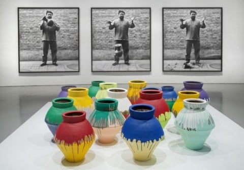 Ai Weiwei: According to What? From top to bottom: Dropping a Han Dynasty Urn, 1995/2009; Colored Vases, 2007-2010
