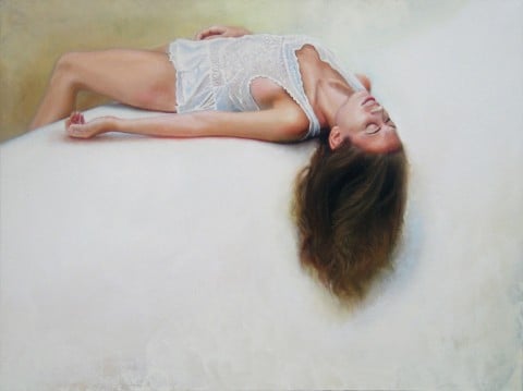Jaclyn Santos, Immersion, 2013, olio su tela, 101.6x45.7 cm, courtesy l'artista