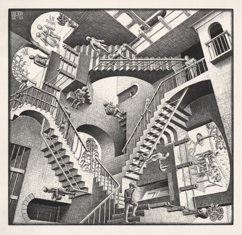 Maurits Cornelis Escher, Relatività, luglio 1953, litografia, 277x292 mm