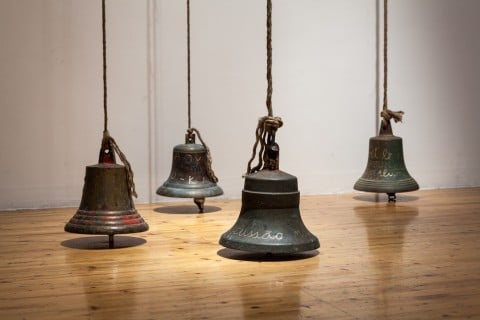 Giovanni Ozzola, Printemps France II, 2013 - 4 bells with handwritten texts - variable dimensions Courtesy the artist and Galleria Continua – foto Eric Gregory Powel