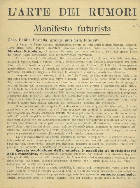 Luigi Russolo, L’arte dei rumori: Manifesto futurista - Milano, Direzione del Movimento Futurista, 1913 - Wolfsoniana–Fondazione regionale per la Cultura e lo Spettacolo, Genova - Photo: Courtesy Wolfsoniana–Fondazione regionale per la Cultura e lo Spettacolo, Genova