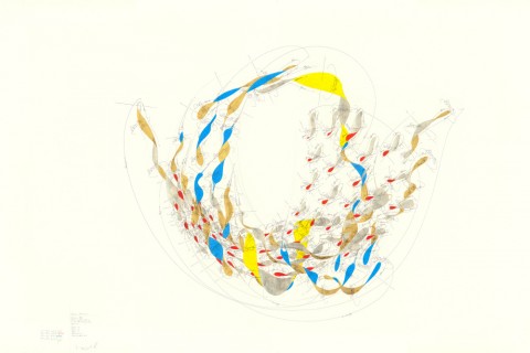 Jorinde Voigt, Superpassion (Variation I), 2014 - inchiostro,matita, pastello ad olio, foglia d'oro su carta