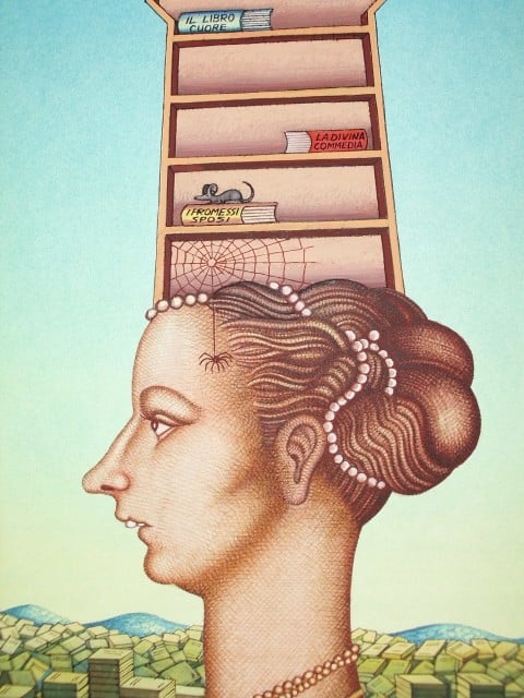 Giuseppe Coco, L'Italia colta, 1990 - tempera su carta e inchiostro, 31,5x44 cm - Collezione Eredi Coco