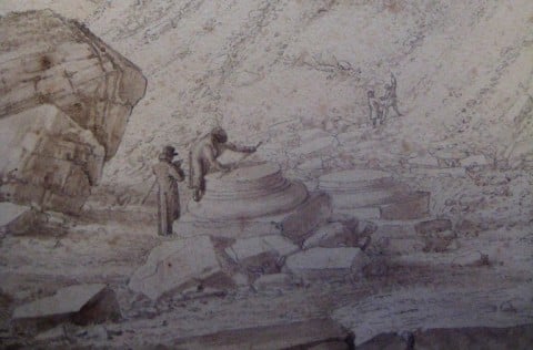 Studiosi alle cave, intenti a misurare antiche basi (particolare di un disegno di Saverio Salvioni, inizio XIX sec., Massa, Archivio di Stato)