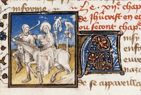 Dettaglio di miniatura della Fuga in Egitto e della Caduta degli Idoli, Francia centrale (Parigi), 1420 ca, ante 1422. British Library, Royal 20 B IV, f. 29