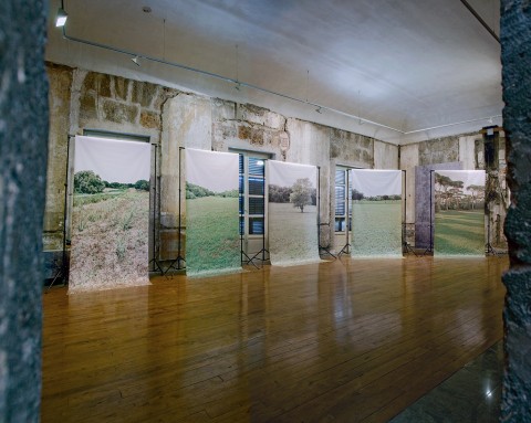 Sergio Zavattieri, From the background to the foreground, 2013, stampe inkjet su vinile, supporti per fondali fotografici neri, tubi in pvc, n. 5 270x250x200 cm