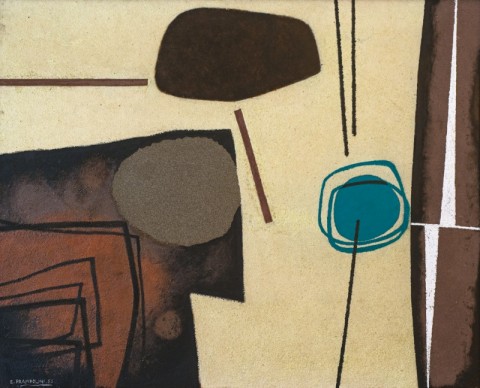 Enrico Prampolini, Composizione geoplastica, 1955, polimaterico su faesite, cm. 80 x 100. Collezione privata, Roma