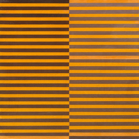 Dadamaino, Ricerca del colore nero su arancio, 1966-68. Tempera su carta poggiata su tela cm 20x20