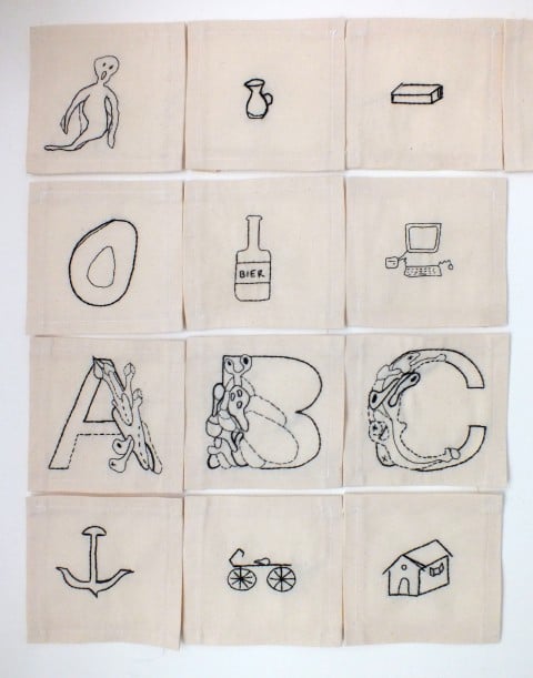 Rebecca Agnes, The Italian Alphabet Has 21 Letters, 2014 - ricamo su stoffa - dettaglio installazione