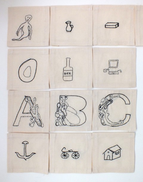 Rebecca Agnes, The Italian Alphabet Has 21 Letters, 2014 - ricamo su stoffa - dettaglio installazione