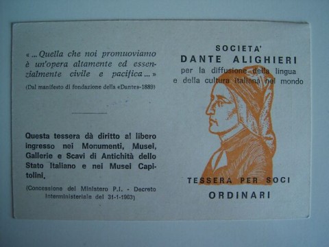 Una tessera vintage della Società Dante Alighieri