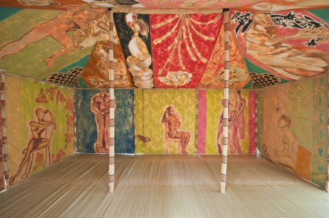 Francesco Clemente 'Standing with truth' Tent 2012-2013  Tempera on cotton, embroidery, hand stitching, bamboo poles, wood finials, ropes, iron weights  Dimension of the tent 600 x 400 x 300 cm