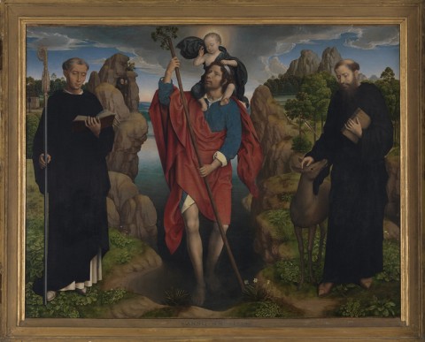 Hans Memling, Trittico Moreel, I santi Cristoforo, Egidio e Mauro, pannello centrale, 1484, olio su tavola, 141 x 174 cm, Bruges, Stedelijke Musea, Groeningemuseum