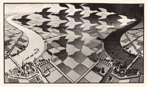 Maurits Cornelis Escher - Giorno e notte, 1938. Xilografia.Baarn, M.C. Escher Foundation © 2014 The M.C. Escher Company. All rights reserved