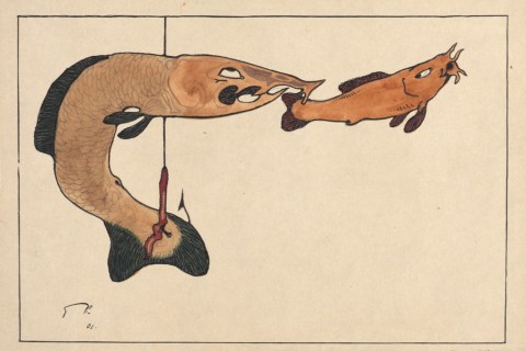 Paul Klee, Ohne Titel (zwei Fische, einer am Hacken), Feder auf Aquarell auf Karton, 1901