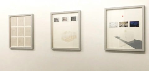 Antonio Della Guardia, Senza titolo II, Senza titolo III, Senza titolo IV, 2014, grafite su carta, disegno e polaroid su carta, materiali vari, 42,5x37,5cm (ognuno), courtesy l'artista e Galleria