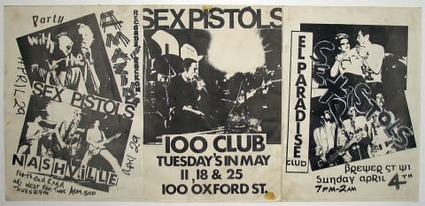 Jamie Reid, El Paradise/Nashville/100 Club, Flyer Collage, 1976, photoprint (with gouache tip-in) collage on paper, mm 300x645 - Jamie Reid copyright Sex Pistols Residuals, courtesy Isis Gallery, UK 