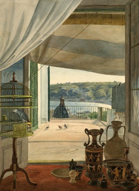 Carl Wilhelm Götzloff, A Balcony Room Overlooking the Gulf of Naples, acquerello su carta, 1826. National Gallery of Art, Washington