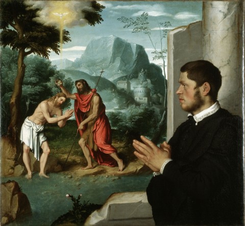 Giovanni Battista Moroni, Devoto in contemplazione del battesimo di Cristo, ca. 1555-60, olio su tela, 112.8 x 104 cm. Gerolamo e Roberta Etro
