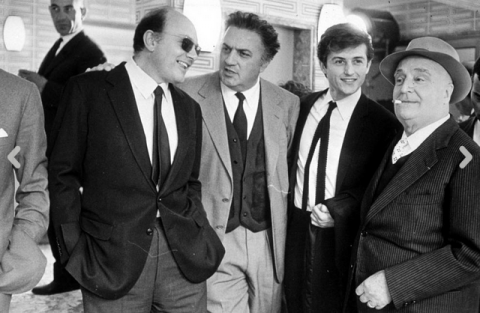 Francesco Rosi, Federico Fellini, Tony Renis, Angelo Rizzoli (27 aprile 1965) (Archivio fotografico storico Cicconi)
