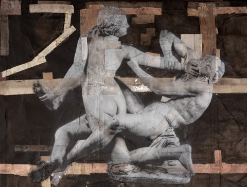 Luca Pignatelli, S.t., 2013, tempera e collage su carta applicata su tela, supporto legno