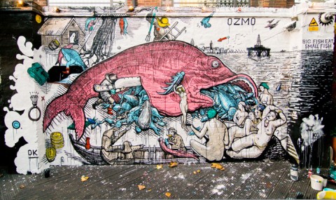 OZMO, Big Fish Eats Small Fish, realizzato nel quartiere di Shoreditch, Londra, 2011