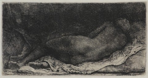 Rembrandt van Rijn, Nudo femminile disteso (La negra sdraiata), 1658, acquaforte, bulino e puntasecca su rame, 80 x 157 mm, Casa Morandi, Bologna