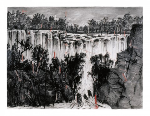 William Kentridge, Colonial Landscape (Falls Looking Upstream), obra inédita en Brasil, 1996, carbón y pastel sobre papel, 135,9 x 175,5 cm. Gordon Schachat Colletion. Cortesía: William Kentridge