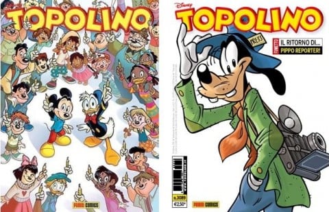 A sinistra, la copertina di Topolino pro Charlie sostituita con quella di destra